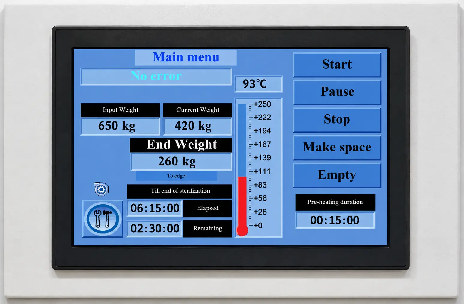 MAOF live-process control screen showing current weight, target weight, temperature and estimated remaining time